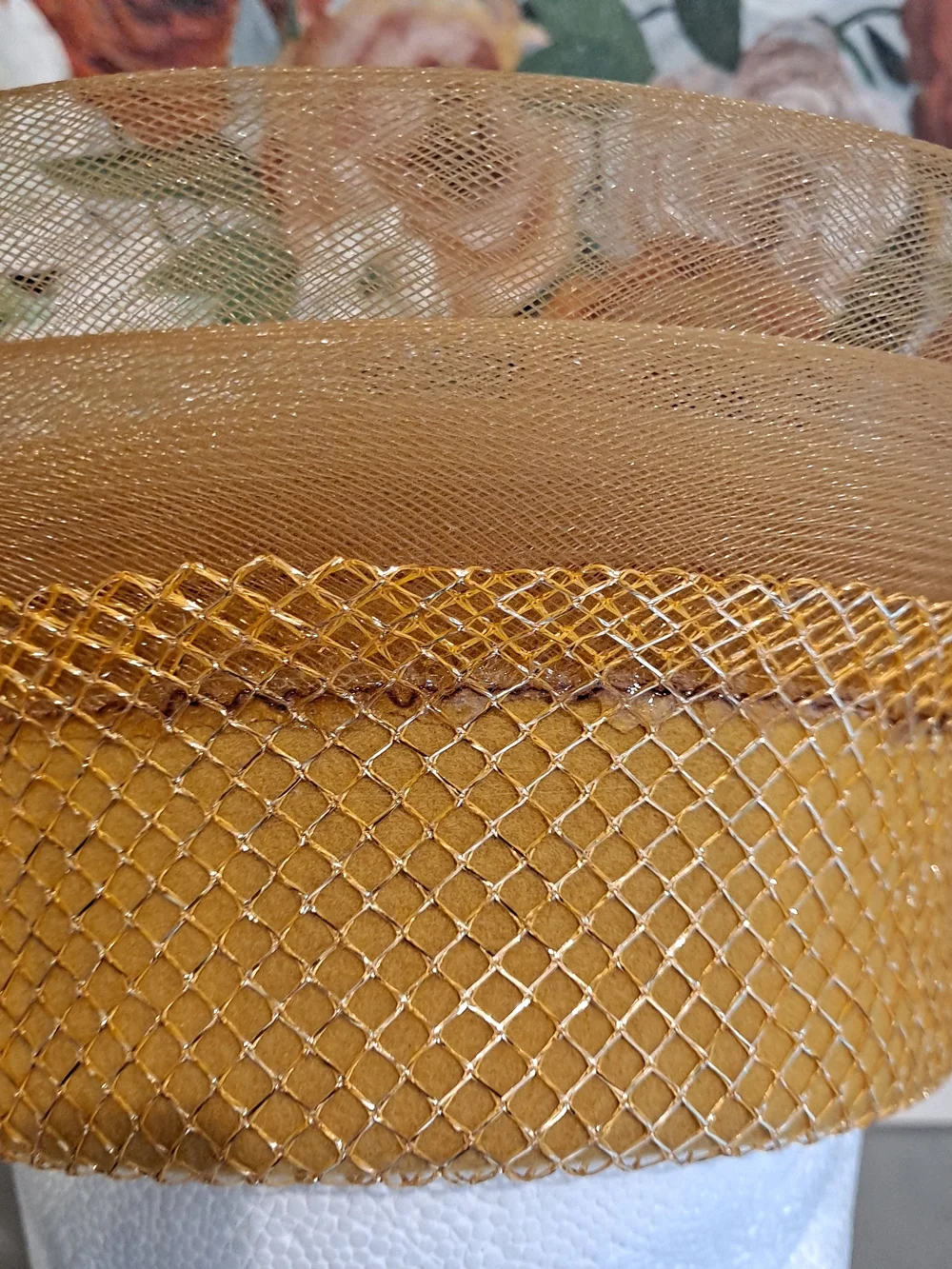 Deborah NY Vintage Wool Gold Fascinator Hat W/Bow Fishnet Mesh Derby High Tea